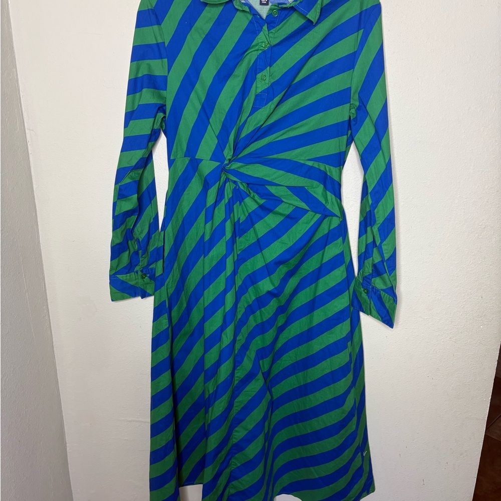 Scoop Twist-Front Long Sleeve Shirt Dress in Blue and Green Stripes Size L